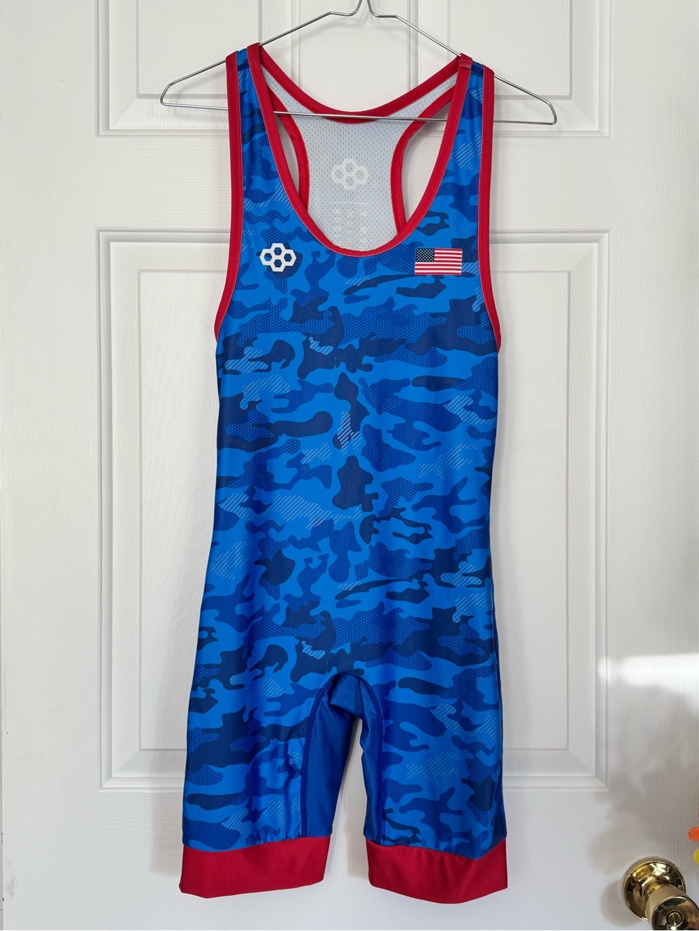 RUDIS Elite 2.0 Blue Camo Men's Wrestling Singlet with Red Trim Size Small